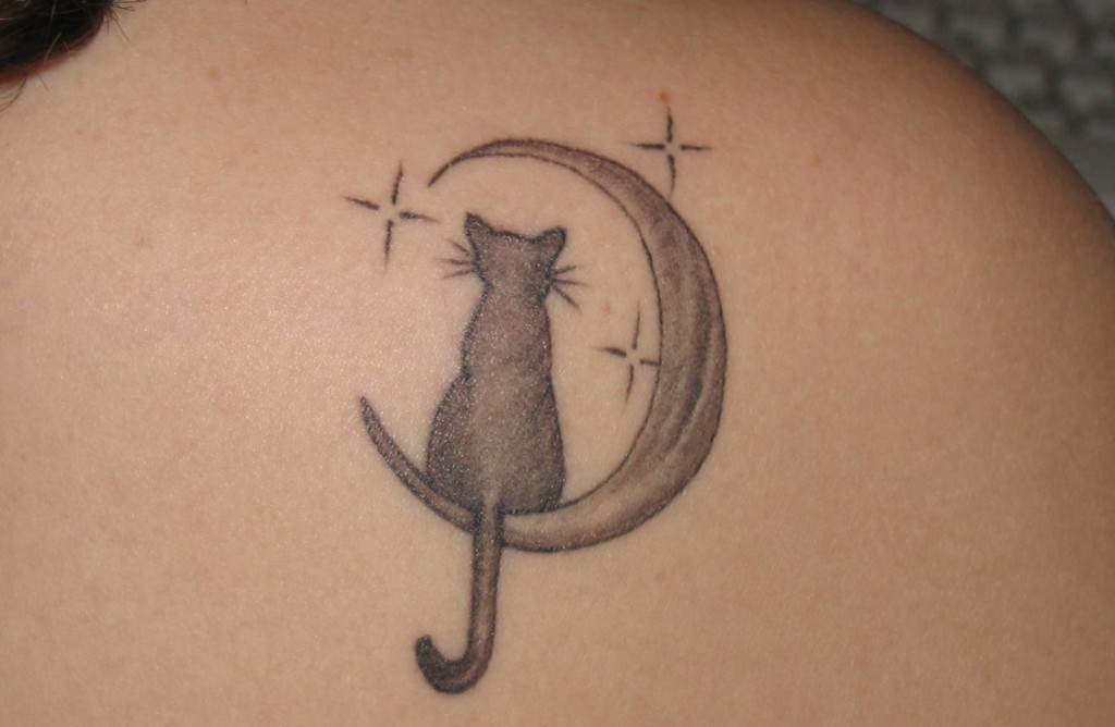 ZarteKatzeundHalbmondamRuecken AlleTattoo.de